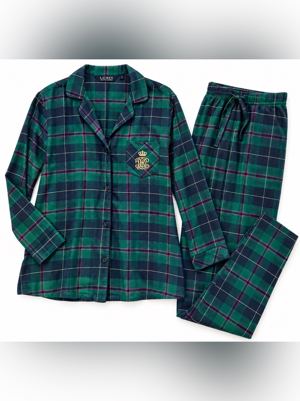 Lauren Ralph Lauren Plaid Pajama Set Green Navy Cotton Blend Size S